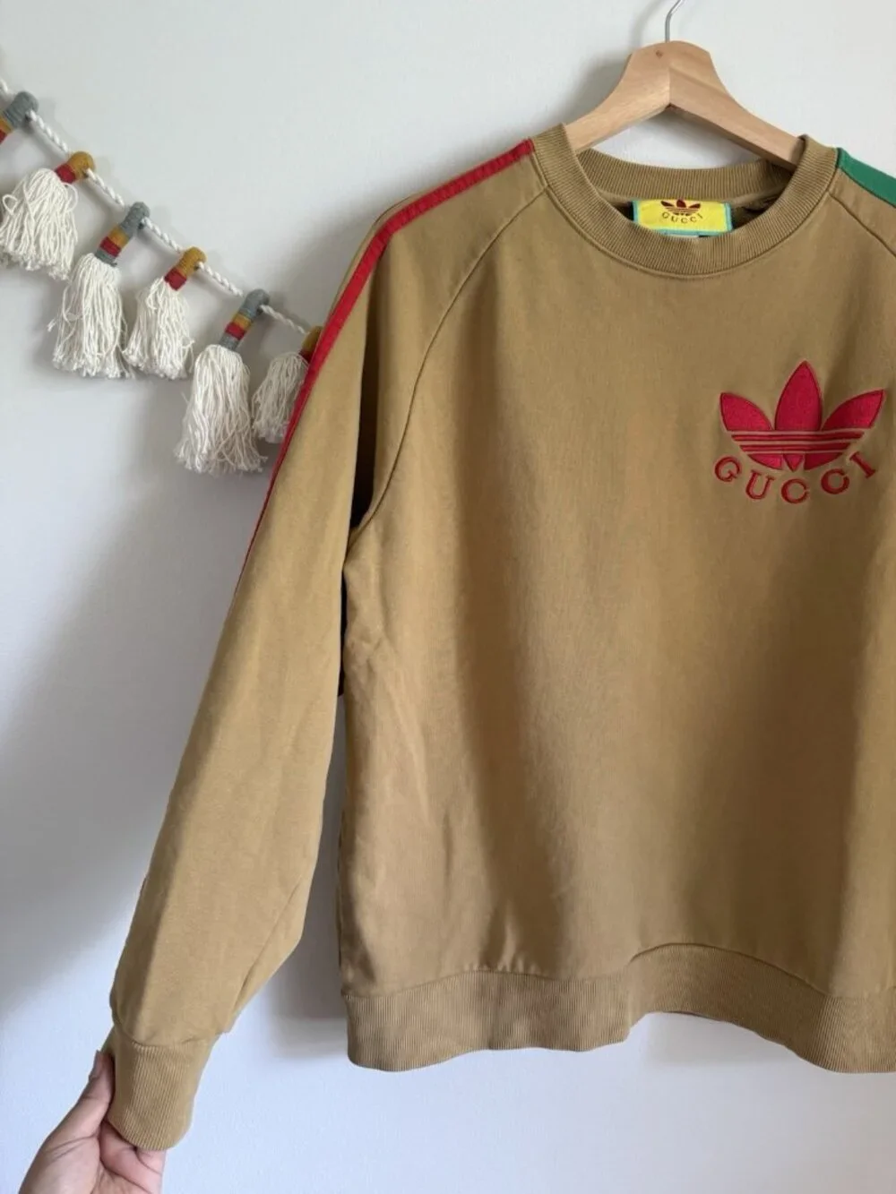 Gucci x Adidas Cotton Jersey Trefoil Sweatshirt Camel Brown Logo Sporty Preppy L